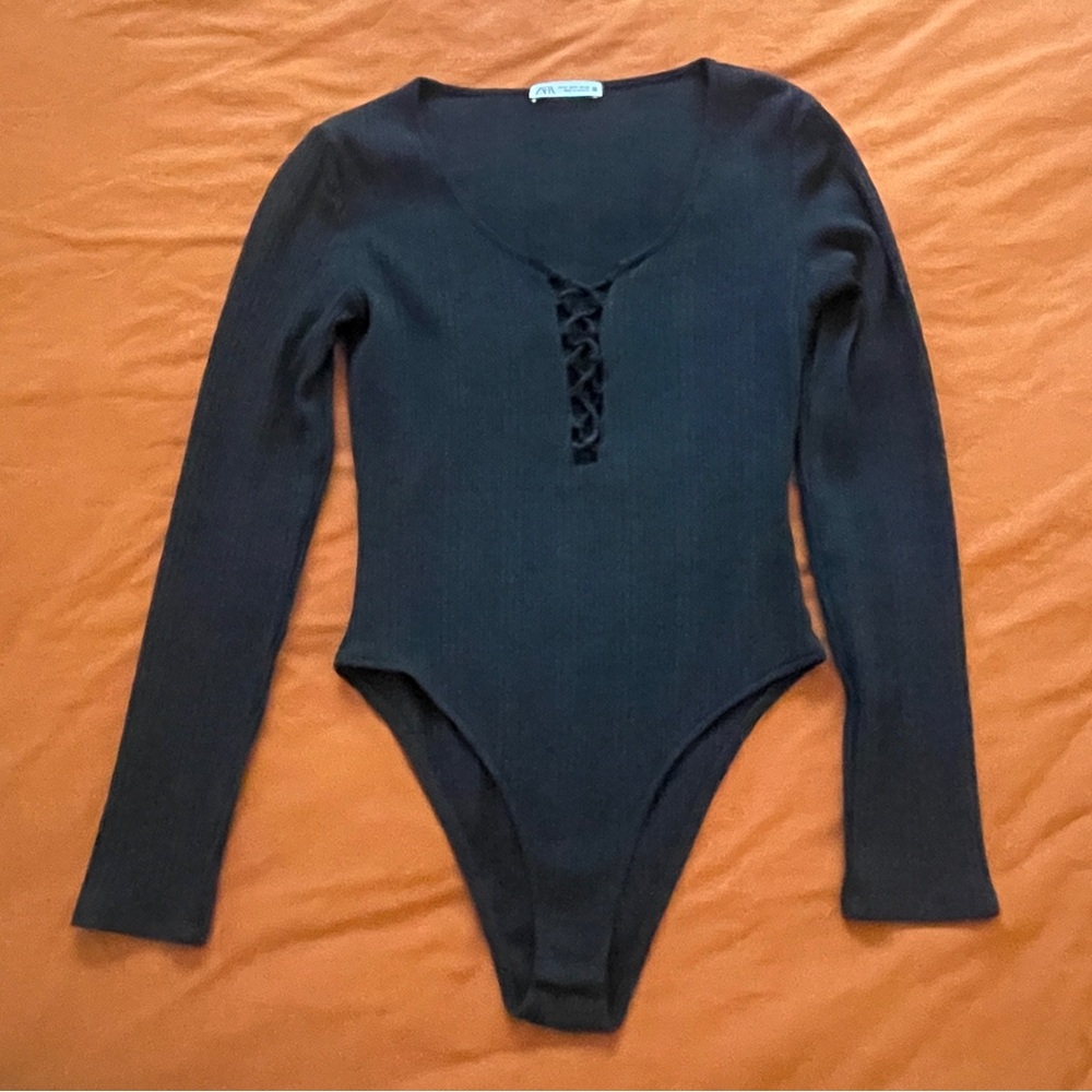 Black Long Sleeve Lace Up Bodysuit